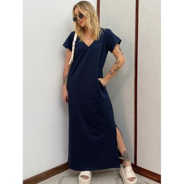 Imagem de Vestido Longo de Algodão com Bolso Decote V Azul Marinho
