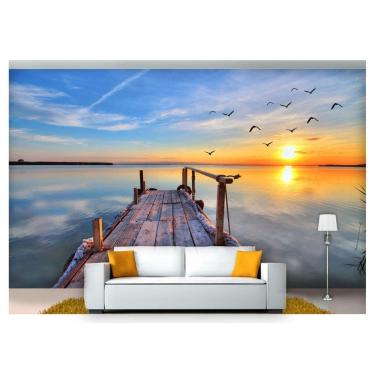 Imagem de Papel De Parede Praia Mar Por Do Sol Aves 3D Npr201