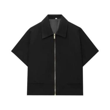 Imagem de Jaqueta Varsity Cropped Feminina Com Zíper E Manga Curta, Casaco Casua