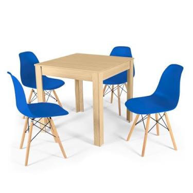Imagem de Conjunto Mesa de Jantar Quadrada Sofia Natural 80x80cm com 4 Cadeiras Eames Eiffel - Azul