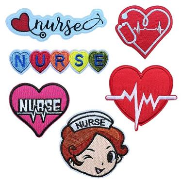 Imagem de KLORIZ 6 peças patch de texto de enfermeira coração vermelho ECG bordado ferro em costurar remendos tecido roupas aplique presente para o dia da enfermeira