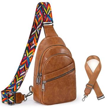 Imagem de JKEEMI Bolsa transversal para mulheres, pochete de couro PU, bolsa tiracolo, bolsa de peito para viagens, compras, esportes, Marrom, 6.30 x 2.36 x 9.84 inches, A