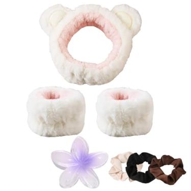 Imagem de Kit de acessórios de cabeleireiro, faixa de cabeça adorável para decoração de urso, argolas elásticas e fofas absorventes de água, presilhas de cabelo em forma de flor, prendedores de rabo de cavalo
