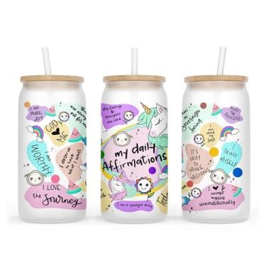 Imagem de Copo de vidro infantil Daily Affirmation - Copo infantil de afirmação - Copo de vidro de afirmação diária com tampa e canudo - Copo de afirmação diária - Presente de saúde mental - Copo de vidro fosco