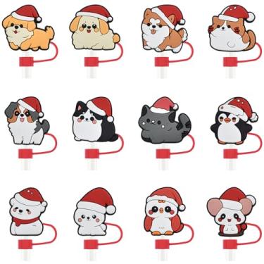 Imagem de 12 peças de cobertura de palha de Natal de 10 mm para copo Stanley, design de cachorro fofo, tampas de canudo reutilizáveis, capas de palha de Natal para acessórios de copos, decorações de Natal