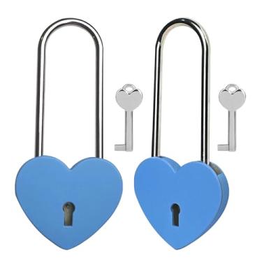 Imagem de Gradleen 2 cadeados de coração único com chave de 8,5 cm, cadeado de amor de 50 mm, acabamento fosco, cadeado de amor de metal azul para ponte Lovelock, caixa de cartão, caixa de joias, diário, bolsa