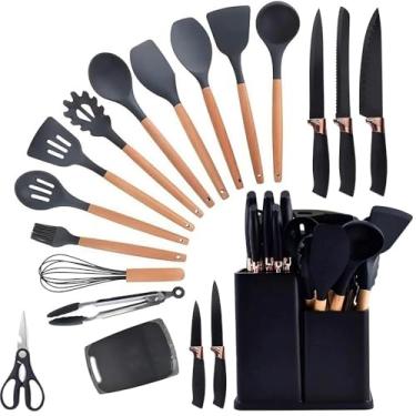 Imagem de Utensilios Para Cozinha Silicone Kit 19 Peças Cabo Madeira Conjunto Completo Espátula Concha Colher Jogo Suporte Faca Antiaderente Tabua Tesoura Faqueiro PREMIUM (Preto)