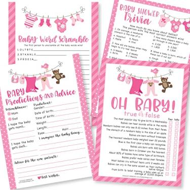 Imagem de 50 jogos rosa de chá de bebê para meninas – 4 jogos dupla face, cartões de previsão e conselhos de bebê, curiosidades de bebê, jogo de chá de bebê verdadeiro ou falso, jogo de chá de bebê para jogar