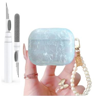 Imagem de Olytop Capa protetora para Airpods 4 2024 com caneta limpa, padrão de concha Apple Airpods iPod 4ª geração, capa protetora para meninas e mulheres com chaveiro pérola de luxo, azul