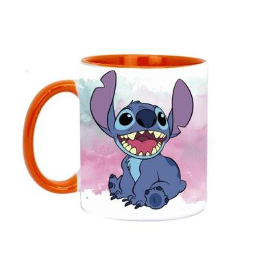 Imagem de Caneca Porcelana Alça Colorida Stitch Feliz 325ml Resistente - Impacta