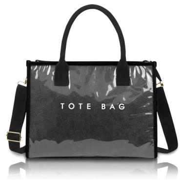 Imagem de LIERWOI Sacola de PVC para mulheres, sacola de plástico moderna de papel kraft, bolsa feminina com estampa de letras, bolsa de ombro, Preto, One Size