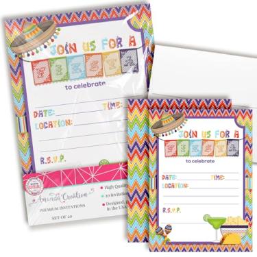 Imagem de Convites de festa temáticos de festa com tema de papel picado da Fiesta Mexicana para comemoração de aniversário, aposentadoria ou cinco de maio, dez cartões de 13 cm x 18 cm Preencha cartões com 10 envelopes brancos da AmandaCreation