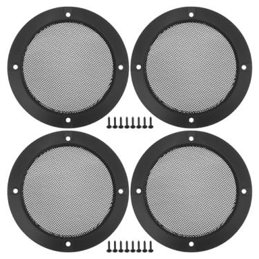 Imagem de ACROPIX Capa universal de grade de alto-falante de carro de 10 cm redonda de malha para alto-falante de áudio de 10 cm capa protetora de subwoofer com parafusos de montagem preto fosco - Pacote com 4