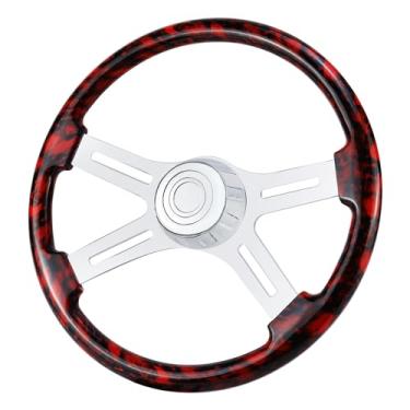 Imagem de QYMOPAY Volante De Caminhão De Madeira Maciça De 18" Com Impressão Hidrográfica, Volante De Alumínio Cromado De 4 Raios Para Semirreboques, Caminhões Para Kenworth, Peterbilt, Volvo, Freightliner (V