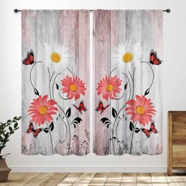 Imagem de Cortinas florais para casa de fazenda, tábua de madeira rústica, margarida, floral, primavera, flores botânicas, naturais, tratamento para quarto, sala de estar, cozinha, banheiro, janela, 53 cm L x