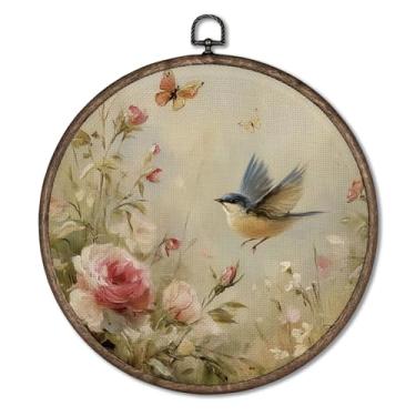 Imagem de Giosve Pôster emoldurado em tela redonda de pássaro pardal floral vintage, esculturas de parede florais de casa de campo rústica para decoração de sala de estar, quarto de casa, 25 x 25 cm