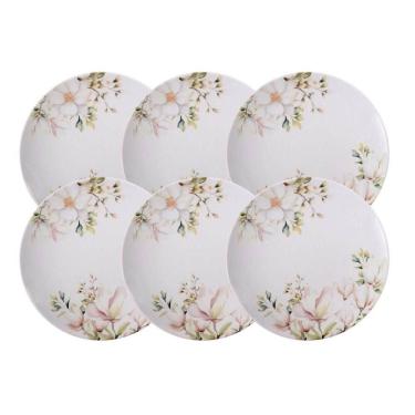 Imagem de Jogo 6 Pratos Rasos Porcelana Decorada 28cm Tramontina Magnólia Mesa Posta Eventos