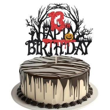 Imagem de Topo de bolo Killer Happy 13º aniversário, decoração de aniversário de Halloween zumbi vampiro sexta-feira sangrenta, decorações de festa de aniversário de 13 anos com tema de terror de Halloween