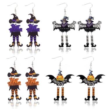Imagem de 4 pares de brincos de Halloween para mulheres, bruxa, abóbora, homem, caveira, pingente, joias, festa de Halloween, fantasia, Large, Acrílico, Sem pedra preciosa
