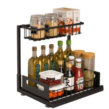 Imagem de Prateleira organizadora sob a pia de 2 camadas – Prateleira ajustável de armazenamento de cozinha e banheiro com cestas deslizantes, economiza espaço para materiais de limpeza, despensa, especiarias