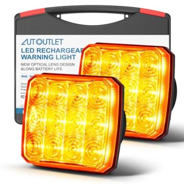 Imagem de AUTOUTLET 2 peças de luzes piscantes recarregáveis para veículos, luzes de perigo estroboscópicas magnéticas, luz de emergência de LED âmbar portátil sem fio para caminhões, ônibus, trator, reboque