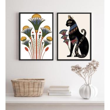 Imagem de Kit 2 Quadros Egípcios Gato Bastet E Flor De Lotus 45X34Cm