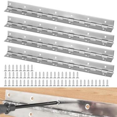 Imagem de 4 dobradiças de piano de aço inoxidável, dobradiças contínuas de 38 x 5 cm com furos e parafusos pré-perfurados para projetos de bricolage, armários, portas