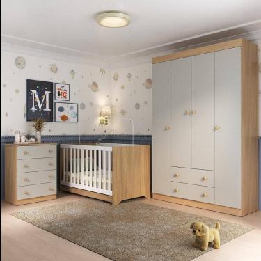 Imagem de Quarto de Bebê Completo com Berço Americano 3 em 1 p/Colchão 130x70cm Encanto Multimóveis MP4585