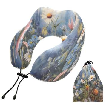 Imagem de CEBUGI Travesseiros de viagem portáteis em forma de U, travesseiro de pescoço de espuma viscoelástica com trava de corda ajustável para avião, viagem, trem, negócios, escritório, soneca (flores