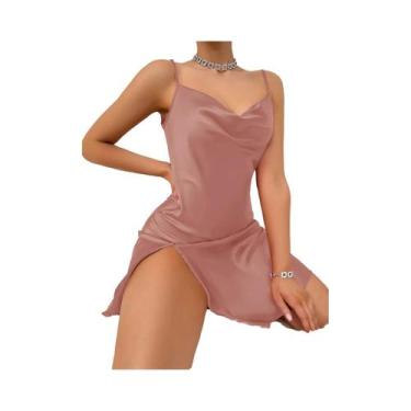 Imagem de Camisola Feminina Elegante De Cetim Com Decote V, Alças Finas, Costas 