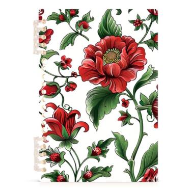 Imagem de Burbuja Caderno vintage de flores vermelhas, papel pautado universitário A5 com 60 folhas, fichário para escritório, 1 pacote