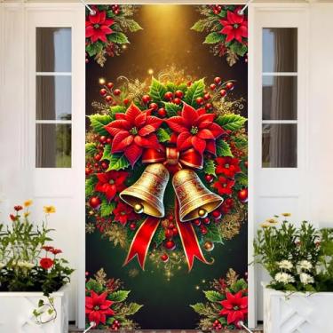 Imagem de BlissYard Capa de porta de Natal 89,5 x 188 cm sinal de varanda sinos e poinsétias clássico cenário de parede festivo decoração de entrada de casa para meninas ou meninos presentes capas de portas