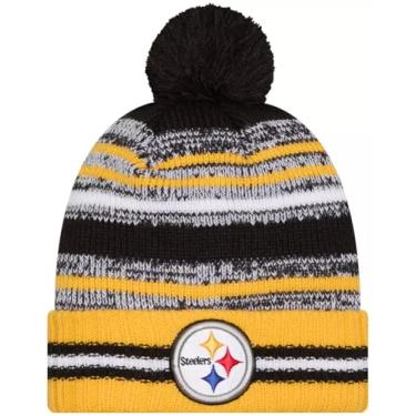 Imagem de New Era Pittsburgh Steelers Sideline Sport Yellow Striped Cuffed Football Knit Beanie Hat Pom - NFL Cheer Cuff Knit Cap