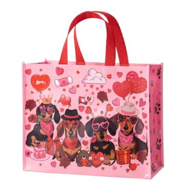 Imagem de WRAPAHOLIC Bolsa de presente reutilizável para dia dos namorados grande de 33 cm com alças - Bolsa de presente rosa Love Dachshund para Dia dos Namorados, casamento e aniversário