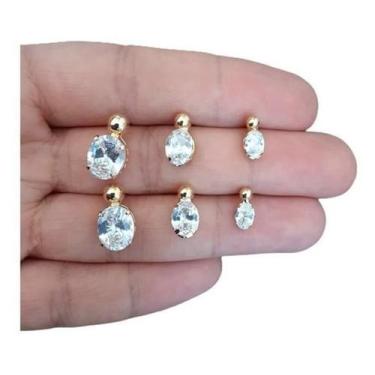 Imagem de Trio Brinco Pedra Zirconia Oval F Ouro 18K Dourado Folheado - De Castr