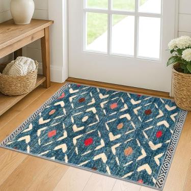 Imagem de KILOCOCO Tapete de porta interior Tapete de área pequena 60 x 8 cm Tapete de entrada marroquino lavável à máquina tapete antiderrapante para quarto, cozinha, corredor, entrada, tapete geométrico, azul/multi