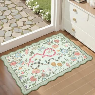 Imagem de GarveeHome Tapete floral de cozinha 5 x 7 cm lavável à máquina para banheiro com pelo baixo antiderrapante moderno tapete de flores para porta da frente tapete de área verde com estampa animal para