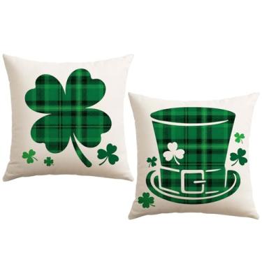 Imagem de Artscope Conjunto de 2 capas de almofada de chapéu verde trevo dia de São Patrício 45,7 x 45,7 cm, chapéu de trevo xadrez búfalo, decoração de férias, fronhas para sofá de casa