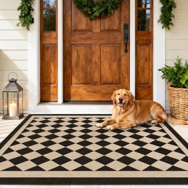Imagem de JROSING Tapete de juta lavável quadriculado fácil 7,5 x 12,5 cm, quadriculado preto, geométrico, externo, pátio, pequeno, tapete neutro, antiderrapante, fino, para quarto, entrada, porta da frente