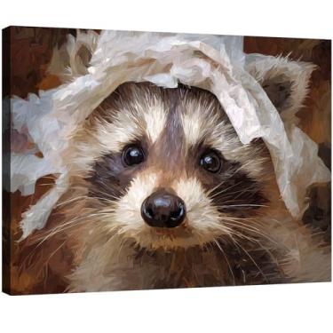 Imagem de Halioyo Linda arte de parede de guaxinim para sala de estar, adorável impressão em tela de guaxinim, decoração de animal engraçada para quarto, dormitório, banheiro, corredor, decoração de parede de