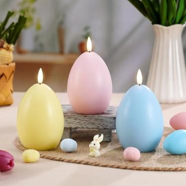 Imagem de Baquler 3 peças de velas pastel de ovo de Páscoa LED sem chama, velas em forma de ovo de cera verdadeira, multicoloridas, conjunto de velas para Páscoa, primavera, festa, férias, mesa, centro de mesa