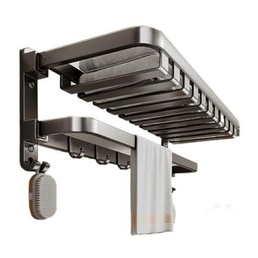 Imagem de Organizador de prateleira de toalha de chuveiro, toalheiro de alumínio espacial montado na parede com barra de toalha e 7 ganchos, suporte de toalha dobrável sem perfuração para banheiro e lavatório