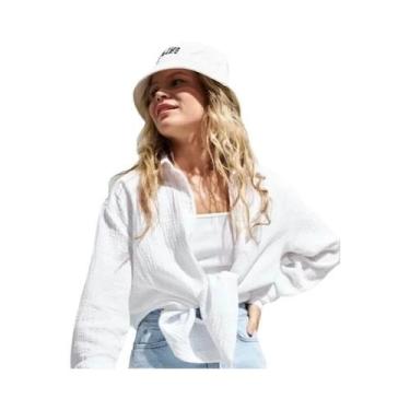 Imagem de Camisa Feminina Branca Casual Solta E Confortável Com Gola E Manga Lon