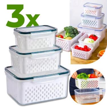 Imagem de Kit 3 Potes Herméticos Com Escorredor Cesto Organizador De Geladeira L