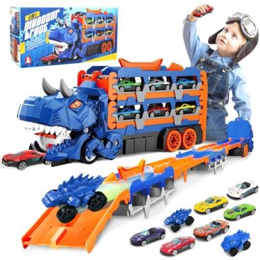 Imagem de Caminhão Dinossauro Transportador T-Rex, Brinquedo 3 em 1 Interativo que Engole Carrinhos, com Pista Dupla de 145 cm e 8 Carrinhos Inclusos, Vira Maleta, Presente para no Dia das Crianças (Azul)