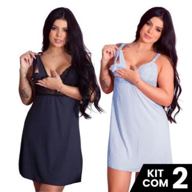 Imagem de Kit 2 Camisolas Amamentação Curta Gestante Com Fecho Pós Parto Saída M