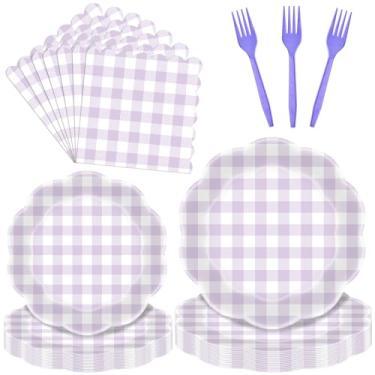 Imagem de Conjunto de 96 peças de talheres de guingão roxo lavanda pastel – Pratos descartáveis, guardanapos e garfos descartáveis com borda recortada para Páscoa, chás de bebê e celebrações de primavera