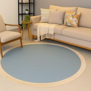 Imagem de Tapete Redondo Franjado 150 x 150 cm Pelo Curto Sala Quarto Cozinha Escritório (Azul Mesclado)
