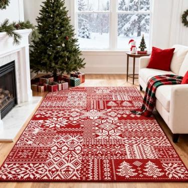 Imagem de Asrug Tapete vermelho de Natal - Tapete lavável de floco de neve 7,5 x 12,7 cm para entrada, antiderrapante, tapete de diamante com detalhes geométricos, tapete vermelho para quarto, sala de estar