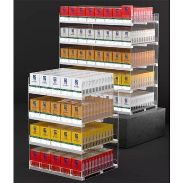 Imagem de Suporte organizador de cigarros de acrílico multicamadas – Suporte de exibição montado na parede para varejo – Design de empurrar automaticamente, armazenamento transparente de 2 a 5 camadas (73 x 16